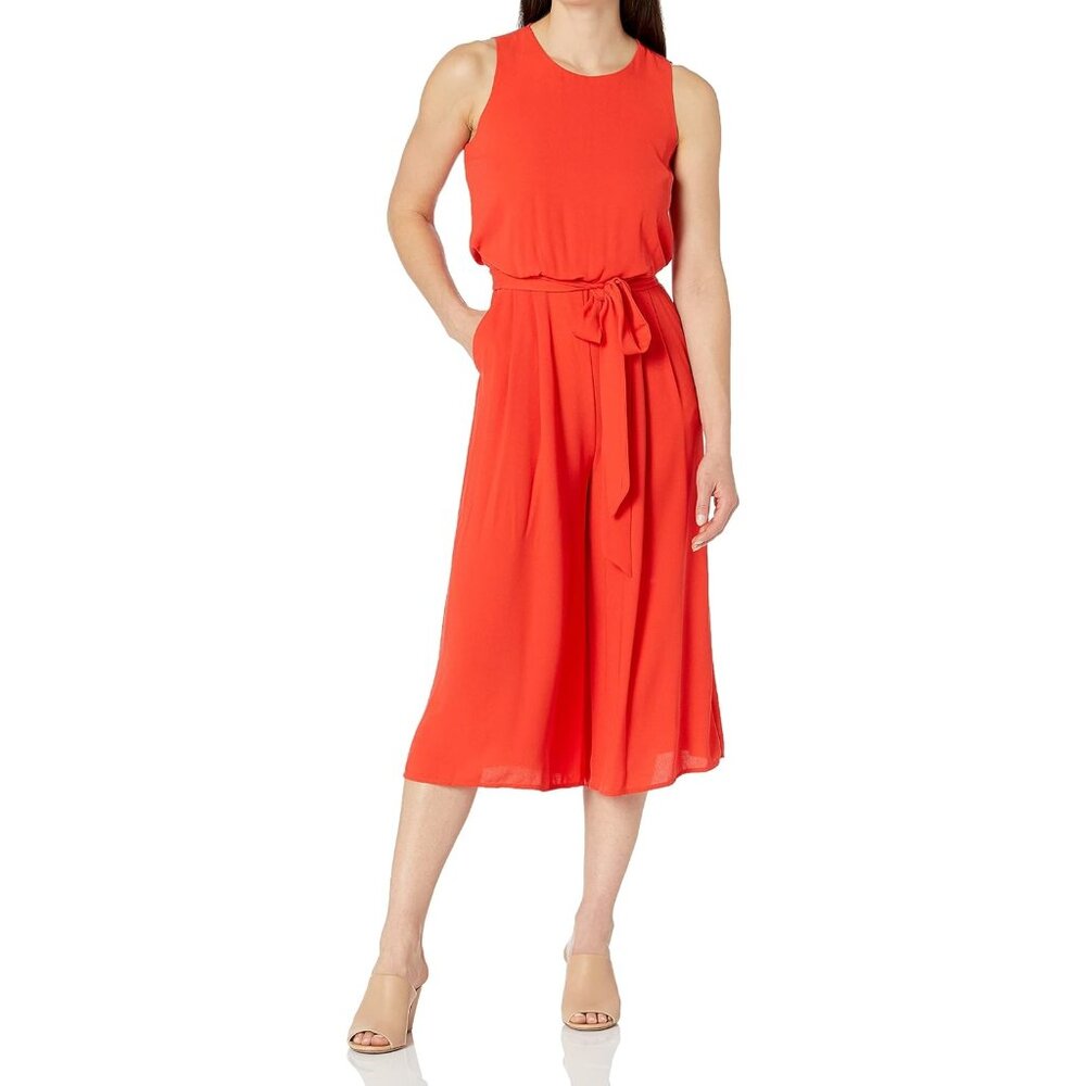 VINCE CAMUTO (Size 14) Poppy Coral Sleeveless Blouson Cropped Belted Jumpsuit